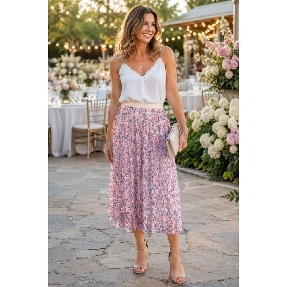 1State Pink Ditsy Floral Pleated Midi Skirt Women's XL NWT Elastic Waist